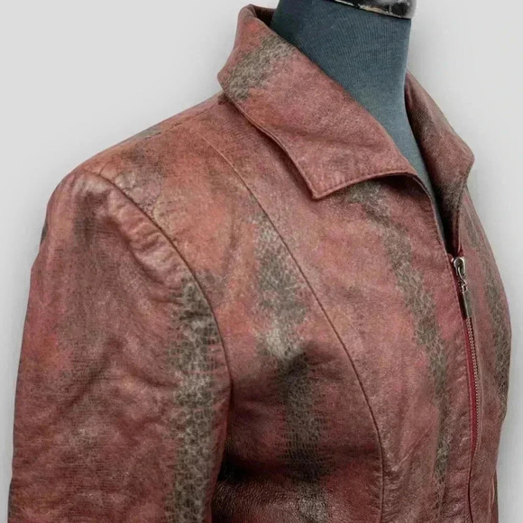 Guillaume Burgundy Snake-Print Genuine Leather‎ Jacket Medium Zip Pockets - Picture 6 of 14